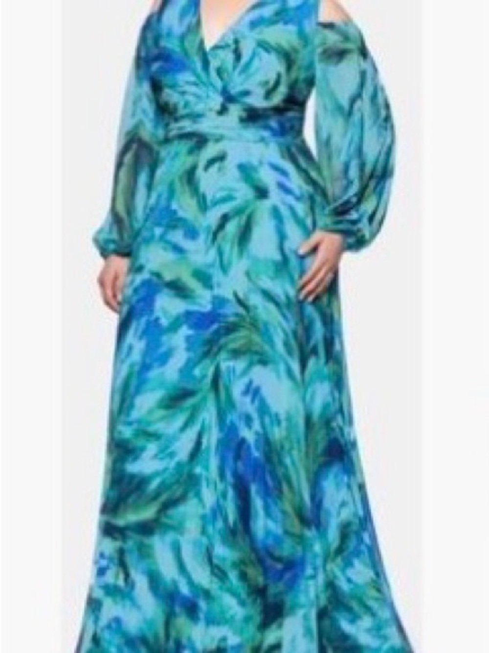 Xscape Blue and Green Marble-Print Long Sleeve Maxi Dress